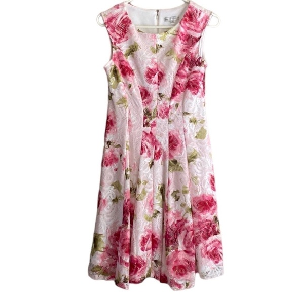 Sandra Darren Tea Party Floral Pink Lace Lined Cap Sleeve Zipper Mini Dress 6 - Picture 1 of 6